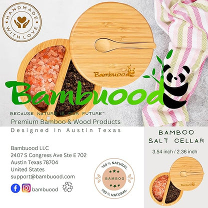 Premium Bamboo Salt Cellar with 2 Compartment Swivel Magnetic Lid - 100% Handmade, Elegant Salt & Spices Storage Box and Multi-Use Container with Mini Spoon.