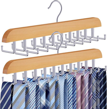 Tie Rack Hanger for Closet 20 Foldable Hooks, 2 Pack Wooden Non Slip Large Capacity Space Saving Tie and Belt Organizer with 360° Rotating Hooks for Tank Tops Bras Scarves Hat
