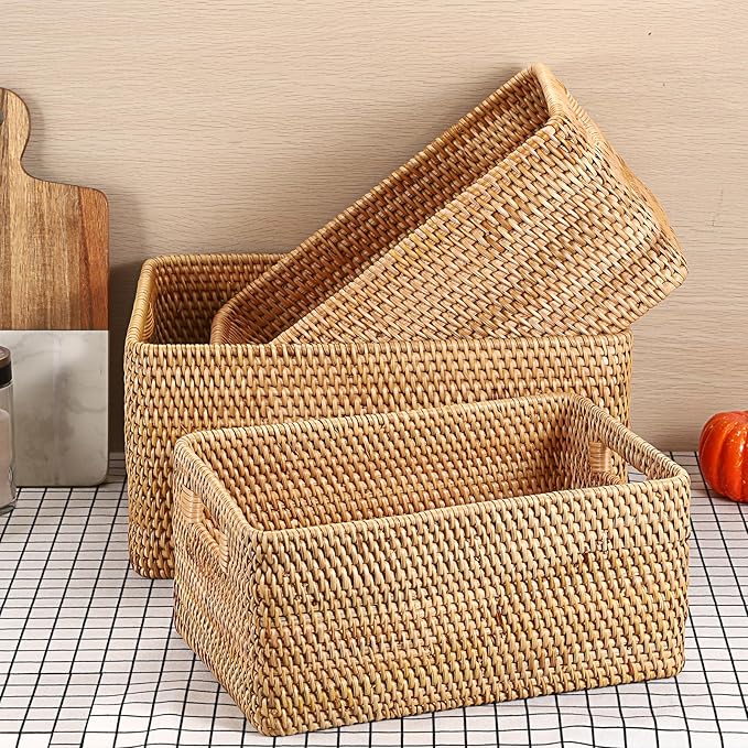 Hipiwe Handwoven Rattan Basket Wicker Storage Basket Box with Build-in Handles Natural Open Storage Bin for Shelf Bathroom Living Room Kitchen, 13" x 8.7" x 5.9"