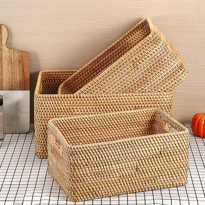 Hipiwe Handwoven Rattan Basket Wicker Storage Basket Box with Build-in Handles Natural Open Storage Bin for Shelf Bathroom Living Room Kitchen, 13" x 8.7" x 5.9"