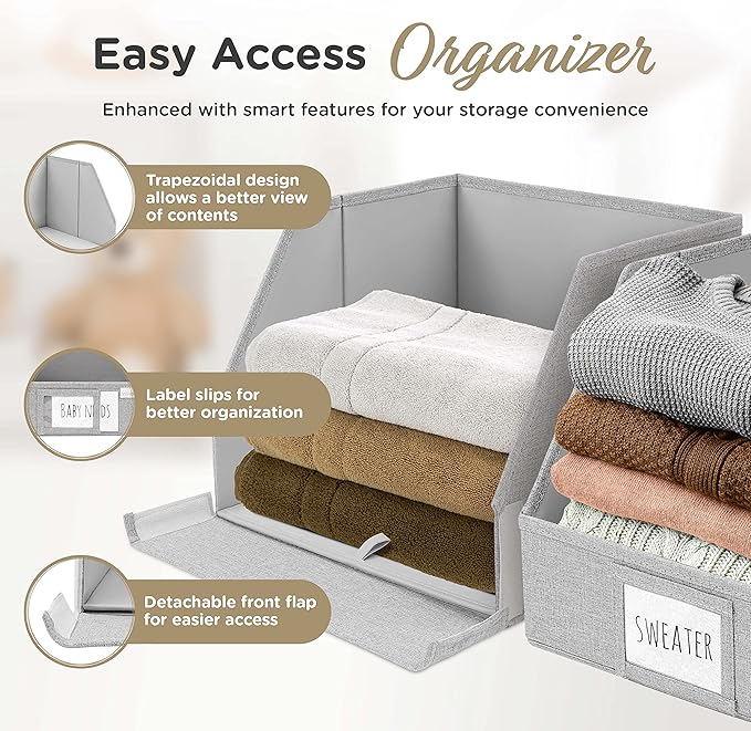 VIVIDECOR Open Front Trapezoid Closet Bins 12x12x10 – Easy Access Shelf Organizer, Fabric Storage Baskets for Clothes, Linen, Sweaters – Light Gray, 3 Pack