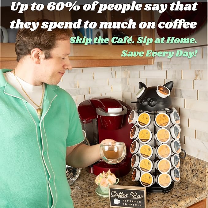 Made Easy Kit Carousel Coffee Pod Holder, Compatible with Keurig K-Pods K-Cups, Countertop Rack Storage Organizer, Metal Home and Kitchen Decor, Capsule Café Station Bar (Large, Black Cat)