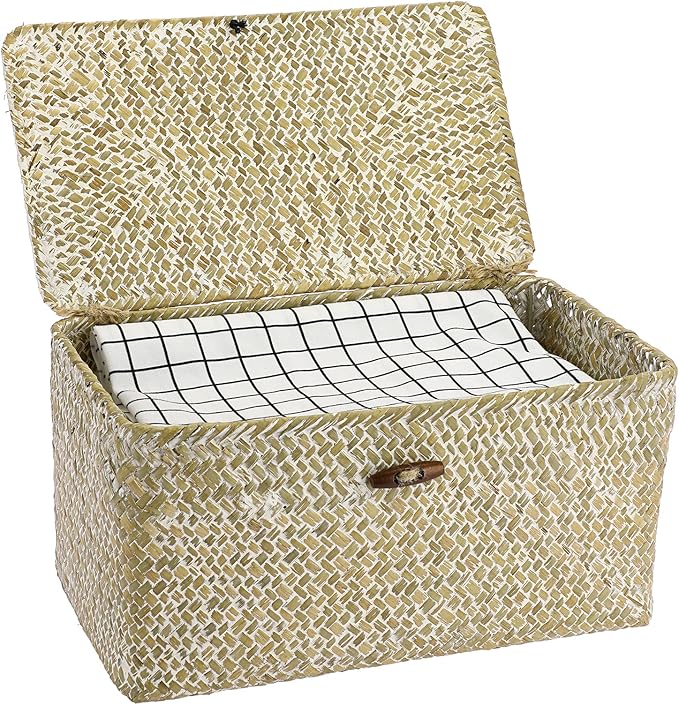 Hipiwe Set of 3 Wicker Storage Baskets with Lid - Large Handwoven Seagrass Shelf Basket Bins Rectangular Nesting Household Organizer Boxes for Shelf Closet Wardrobe Organizer, Whitewash