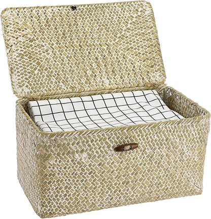 Hipiwe Set of 3 Wicker Storage Baskets with Lid - Large Handwoven Seagrass Shelf Basket Bins Rectangular Nesting Household Organizer Boxes for Shelf Closet Wardrobe Organizer, Whitewash