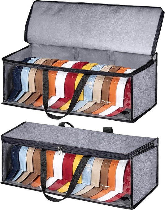 KIMBORA 2 PCS Wide Hat Storage for Baseball Caps Organizer with 2 Sturdy Handles Hat Racks Holder Grey Capbox Stackable for Home Travel