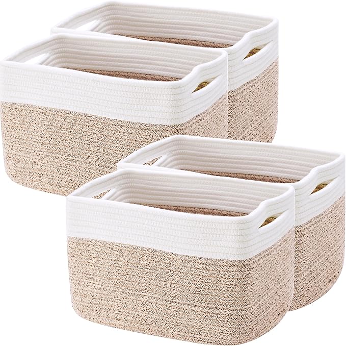 Set of 4 Rope Basket for Shelves Woven Rectangle Storage Basket Bins for Nursery Toy Storage for Baby Girl