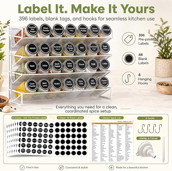 UVIAHOMI Magnetic Spice Rack Organizer for Refrigerator with 28 Spice Jars, 386 Spice Labels, 4 Hook, Chalk Marker and Funnel Set, Magnetic Shelf for Seasoning Organizer, 13.2'' W x 9.8 H, White