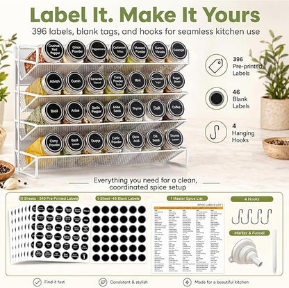 UVIAHOMI Magnetic Spice Rack Organizer for Refrigerator with 28 Spice Jars, 386 Spice Labels, 4 Hook, Chalk Marker and Funnel Set, Magnetic Shelf for Seasoning Organizer, 13.2'' W x 9.8 H, White