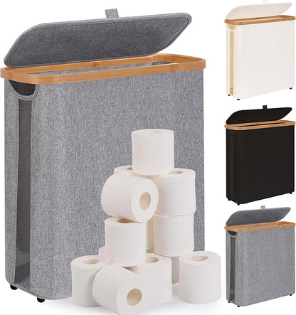 Toilet Paper Storage Basket with Lid - The Ultimate Bathroom Organizer, Free Standing Toilet Paper Holder for Up to 12 Mega Rolls, Toilet Tissue Storage Bin with Handle for RV Closet, Grey