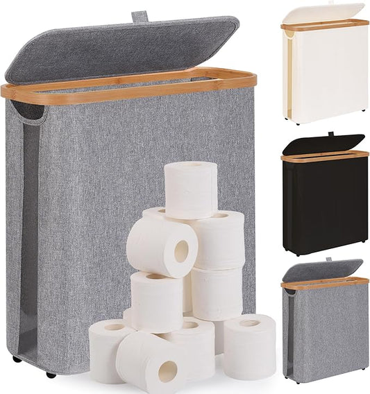 Toilet Paper Storage Basket with Lid - The Ultimate Bathroom Organizer, Free Standing Toilet Paper Holder for Up to 12 Mega Rolls, Toilet Tissue Storage Bin with Handle for RV Closet, Grey