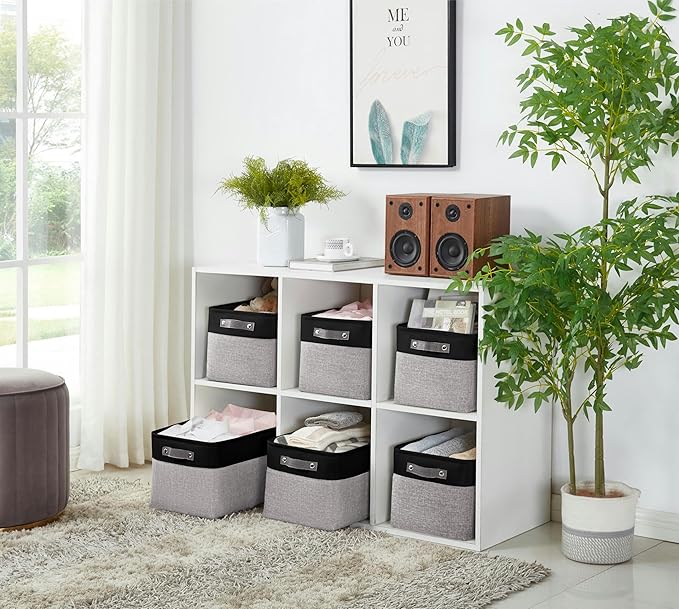 DECOMOMO Storage Bins, Large Fabric Storage Baskets for Shelves, Decorative Linen Closet Organizer, 15 x 11 x 9.5 inches (Grey & Black, 3 Pack)