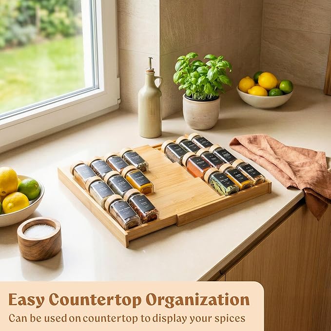 EDELHAUS Bamboo Spice Drawer Organizer - Expandable 4 Tier Spice Rack (Need 3" Deep Drawer) 12" to 24" Wide, Seasoning Organizer, Organization Seasoning Rack insert (Jars Not Included)