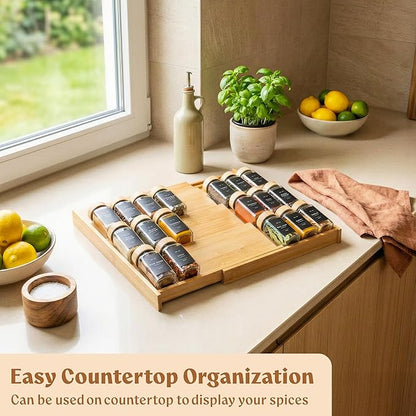 EDELHAUS Bamboo Spice Drawer Organizer - Expandable 4 Tier Spice Rack (Need 3" Deep Drawer) 12" to 24" Wide, Seasoning Organizer, Organization Seasoning Rack insert (Jars Not Included)