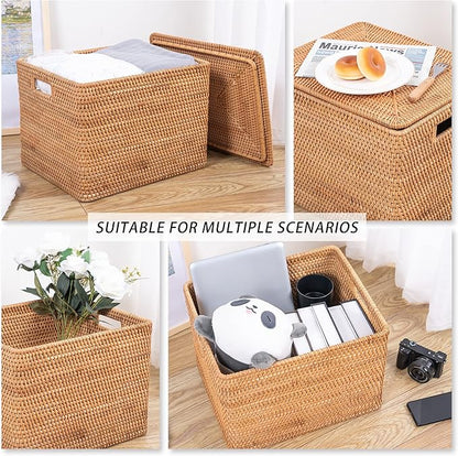 Rattan Basket With Lid, Large Lidded Basket For Storage(18.9" L×15.35"W×11.81"H)