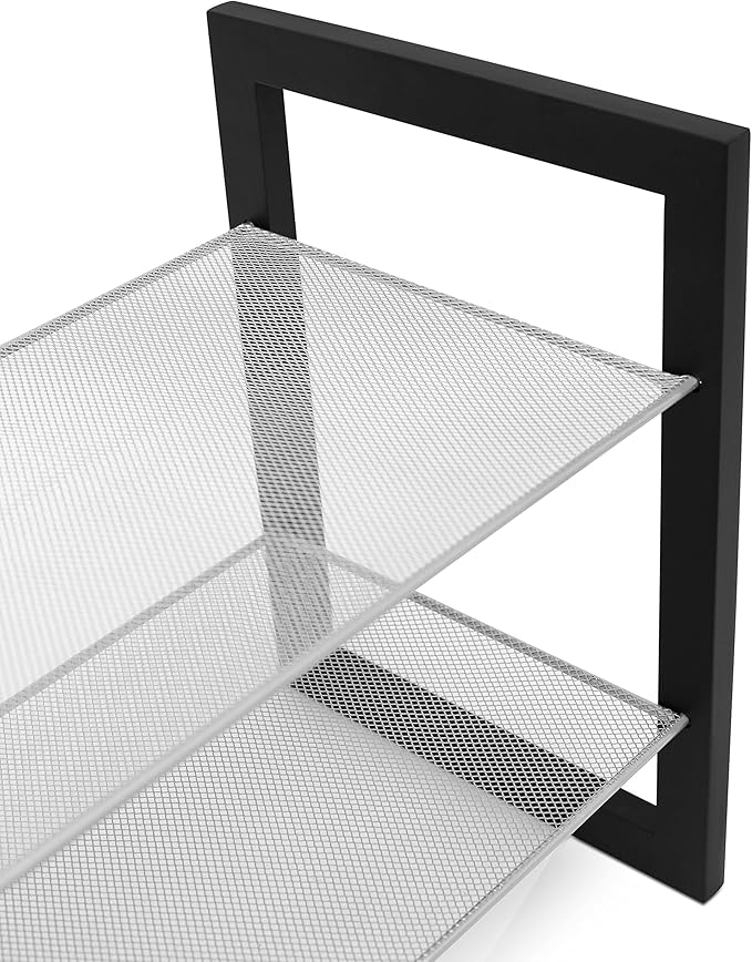 Internet's Best Mesh Shoe Rack - 2 Tier - Free Standing Metal Wood Shoe Organizer - Closet and Entryway - Fits 8 Pairs of Shoes - Black & Silver