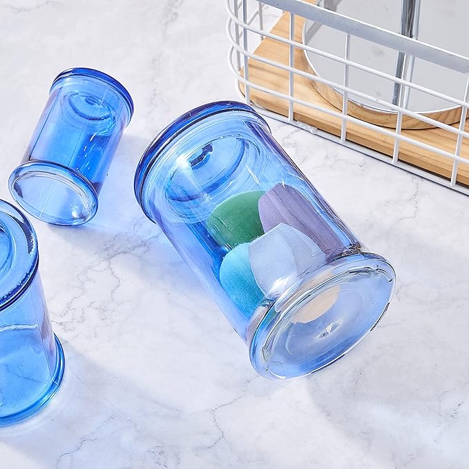 KMwares 3PCs Set Small Glass Premium Quality Apothecary Jars with lids Bathroom Accessories Set for Laundry Room Storage Kitchen/Vanity Organizer Canisters for Cotton Balls, Sponges,Q-Tips(Blue jar)