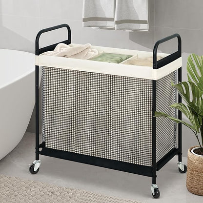 STO STO Laundry Hamper 3 Section, 120L Rolling Laundry Sorter Cart with Removable and Washable Liner Bag, Clothes Hamper with Wheels and Metal Handle for Laundry Room and Bedroom