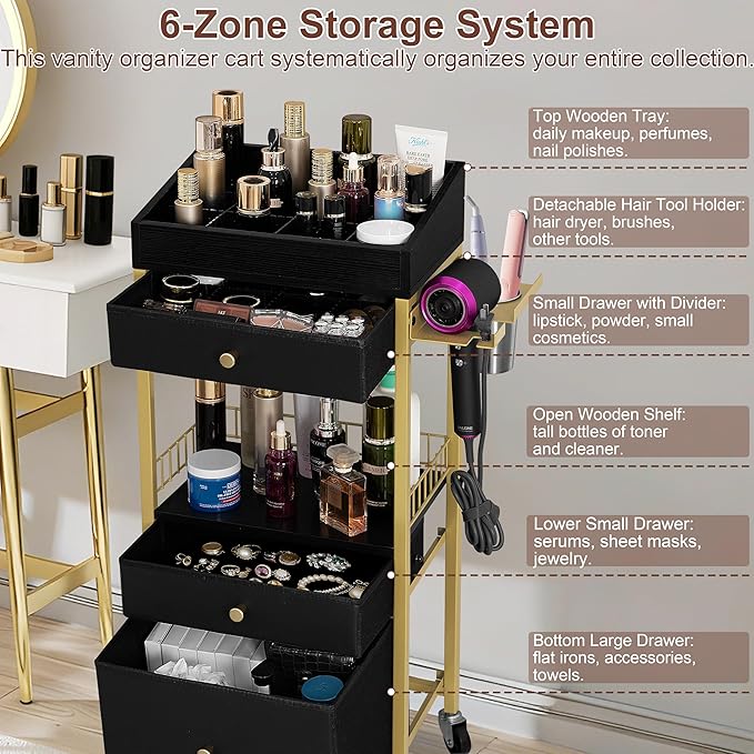 Makeup Organizer Cart with 3 Drawers, Rolling Vanity Organizer with Detachable Hair Tool Holder & Wheels, Floor Makeup Storage Cart for Skincare, Perfume, Nail Polish, Gold & Black