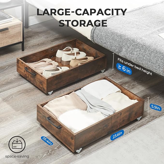 TIOPGHAD Under Bed Storage with Wheels, 2-Pack Under Bed Shoe Storage Organizer Drawer, Composite Wood Particleboard Organizer for Shoes Clothes Containers in Bedroom for Clothes,Shoes(Brown)