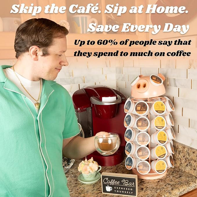 Made Easy Kit Carousel Coffee Pod Holder, Compatible with Keurig K-Pods K-Cups, Countertop Rack Storage Organizer, Metal Home and Kitchen Decor, Capsule Café Station Bar (Large, Pink Pig)