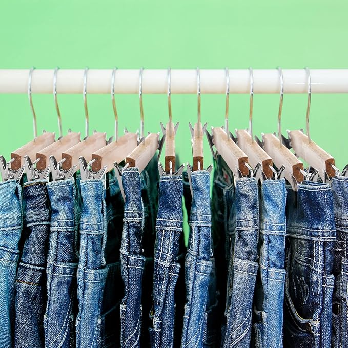 Weysat 40 Pcs Wooden Pants Hangers Bottom Bulk with 2 Adjustable Clips Anti Rust Hook 360 Swivel Hook Bottom Jeans Hangers for Women Men Jeans Trousers Shorts Skirt