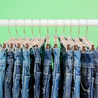 Weysat 40 Pcs Wooden Pants Hangers Bottom Bulk with 2 Adjustable Clips Anti Rust Hook 360 Swivel Hook Bottom Jeans Hangers for Women Men Jeans Trousers Shorts Skirt