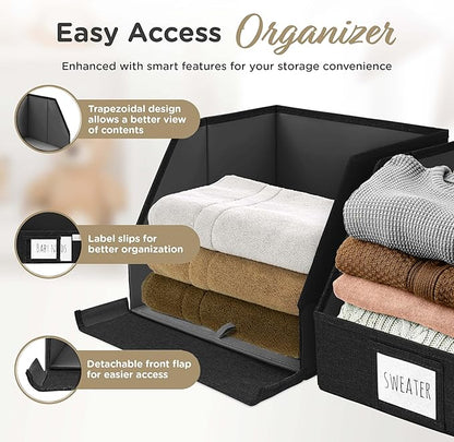 VIVIDECOR Open Front Trapezoid Closet Bins 12x12x10 – Closet Shelf Organizer for Folded Clothes, Easy Access Fabric Storage Baskets – Black, 3 Pack