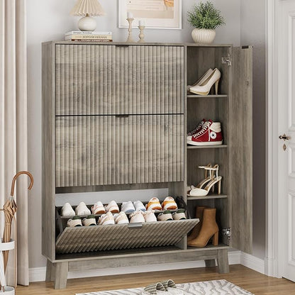 Xixini Shoe Cabinet with 3 Flip Drawers, 54" Tall Narrow Fluted Shoe Storage Organizer for Entryway, Hidden Wooden Shoe Rack with Adjustable Side Cabinet for Front Door Entrance, Hallway, Light Grey