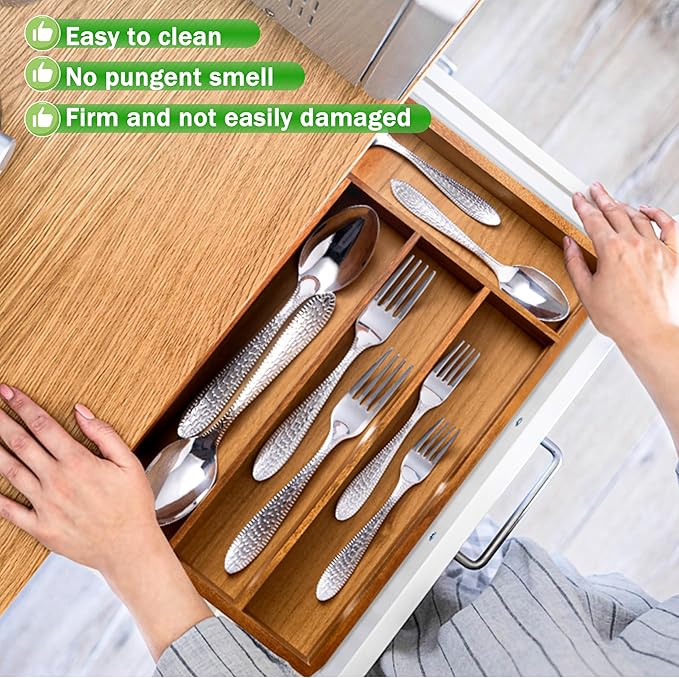Greenual Acacia Wood Silverware Organizer 10 In Utensil Organizer Silverware Tray for Drawer Cutlery Flatware Organizer for Kitchen