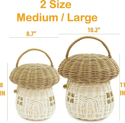 KOLWOVEN Mushroom Rattan Storage Basket with Lid - Mouse in a Box House- Small Doll house- Decorative Hand Woven Shelf Organizer Cute Handmade Handcrafted Gift Decoration Artwork Wicker (Natural)