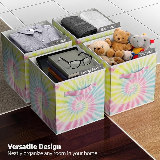 Sorbus 11 Inch Fabric Storage Cubes - Sturdy Collapsible Storage Bins & Handle - 6 Foldable Baskets for Organizing Clothes - Multi Colored Storage Baskets for Shelves (Light Tie-dye, 11 Inch)
