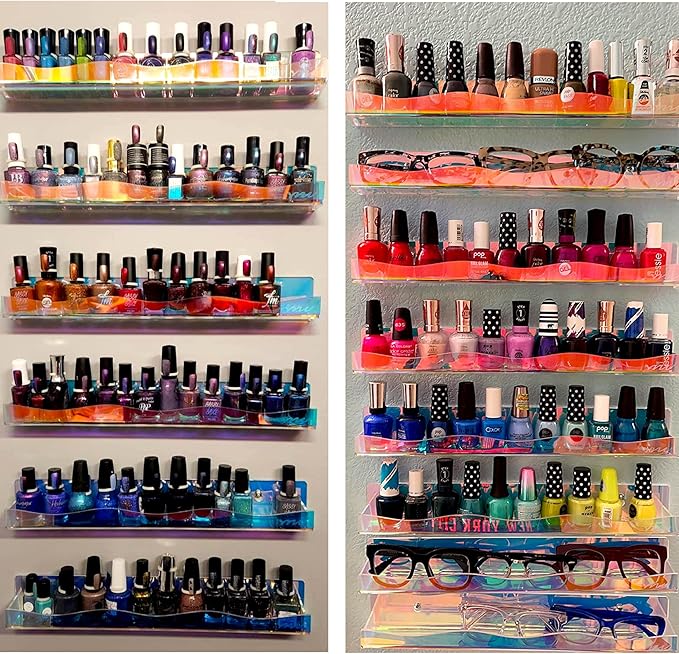 YMVV 15" Nail Polish Rack Wall Mounted Shelf,6 Pack Clear Rainbow Iridescent Acrylic Organizer Nail Supplies for Nail Techs,Great Display for Salons Retailers