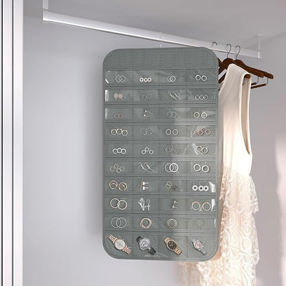 2-Pack Hanging Jewelry Organizer Storage, 40 Pockets 36 Hooks Necklace Earring Necklace Bracelet Ring Organizer, Double - Sided Design, Grey