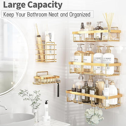 Liuoud 5 Pack Shower Caddy Organizer Rack Shelf for Inside Shower, Self Adhesive Wall Storage Basket Rustproof Stainless Steel Shampoo Holder Bathroom Accessory Decor Set, Gold