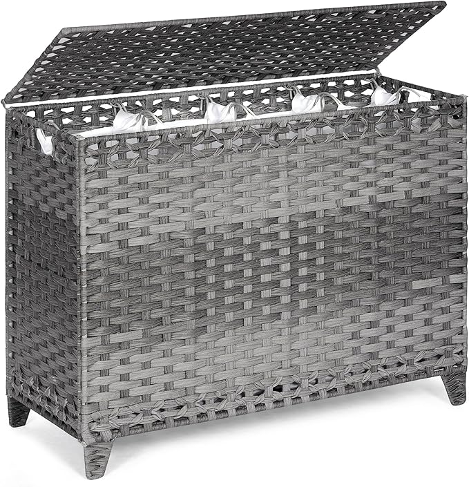 Laundry Hamper with 4 Removable Liner Bags; 176L Handwoven Rattan Laundry Basket with Lid & Heightened Feet; Clothes Hamper with Side Handles