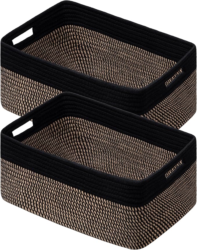 UBBCARE 2 Pack Storage Baskets for Shelves, Large Woven Storage Baskets, Dog Toy Bins, Baskets for Organizing Clothes, Towels, Books, Blanket, 17"L x 13"W x 7.5"H, Black&Brown