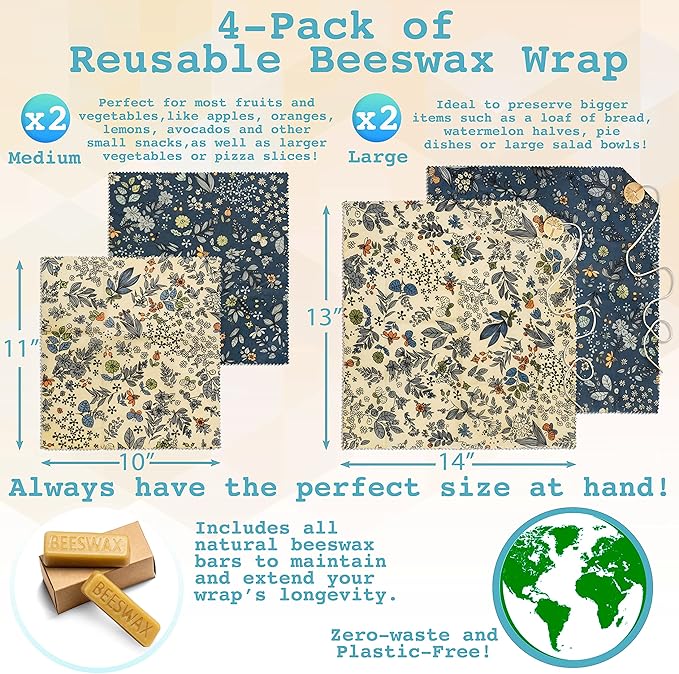 4-Pack Reusable Beeswax Wraps with Produce Bag & 2 Beeswax Bars