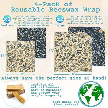 4-Pack Reusable Beeswax Wraps with Produce Bag & 2 Beeswax Bars