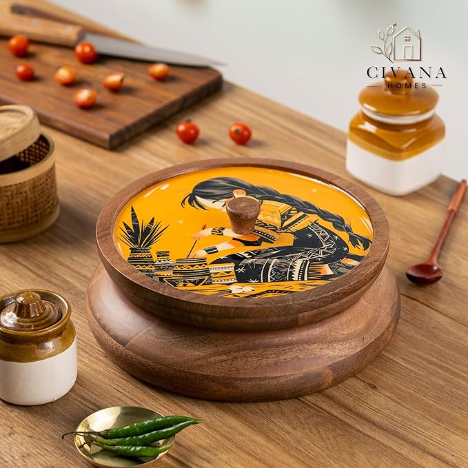 Wooden Spice box for kitchen with spoon, Mango wood box with 7 Steel containers | Masala box for kitchen | Masala Dani | Best Gift (Yellow Masala Box)