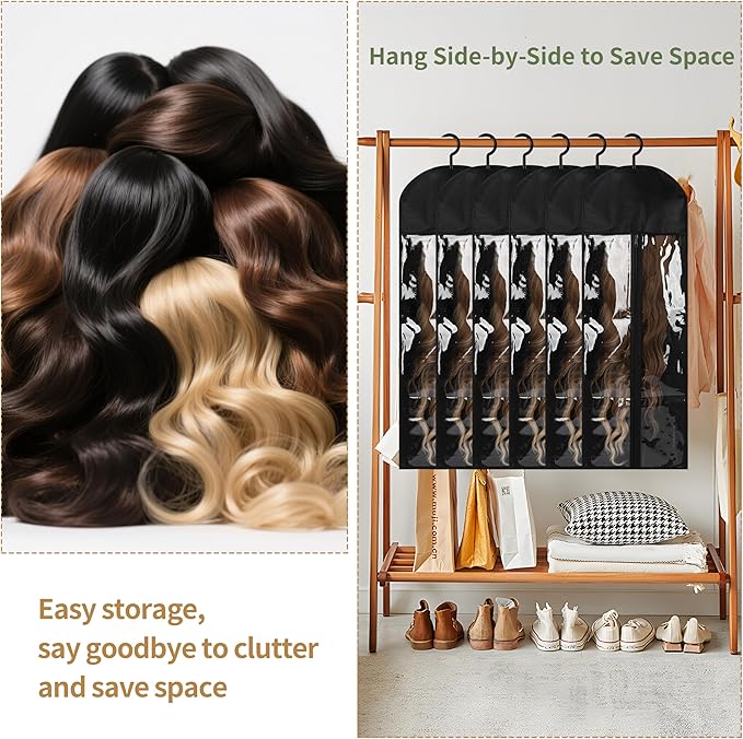12PCS Wig Storage Bags with Hanger for Multiple Wigs& Hair Extensions Dust-Proof, Breathable, Transparent PVC Window, Foldable Travel Solution