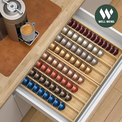 for Nespresso Vertuo Capsules - Premium Bamboo Coffee Pod Drawer Insert Organizer for Counter 15"Dx10"Wx1.5"H (40 Big or 52 Small pods)