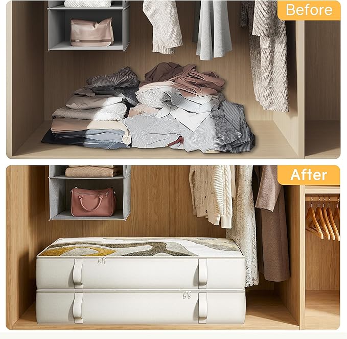 TidyCorner 2-Pack Under Bed Storage, 6 Inches Tall Closet Organizers and Storage Bins with Sturdy Sidewalls/Bottom/4 Handles, Beige