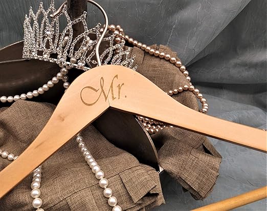 NAHANCO MRMRS20017ENG Bridal Hanger Set, Natural Wood Hangers Engraved with (Mr. and Mrs.), 17” (2 Piece Set), Natural w/Engraved Print