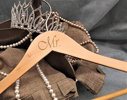 NAHANCO MRMRS20017ENG Bridal Hanger Set, Natural Wood Hangers Engraved with (Mr. and Mrs.), 17” (2 Piece Set), Natural w/Engraved Print