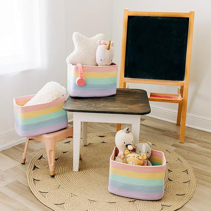 Pastel Rainbow Cotton Rope Baskets for Shelves, Set of 3-15"×10"×9½" - Colorful Storage Baskets for Kids - Nursery, Playroom, Classroom - Toy Storage, Books, Towels