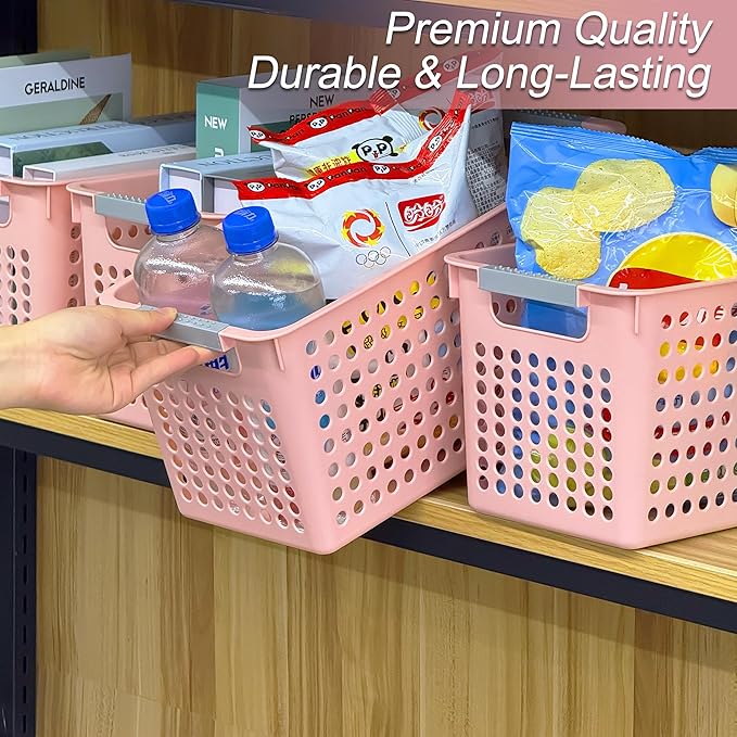Soddeph Slim Plastic Storage Basket with Handles, Narrow Organizer box for Shelves, Organizer box for Organizing, Kitchen,Home,Office (Pink, Medium)