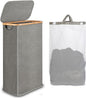 iEGrow 65L Slim Laundry Hamper, Narrow Laundry Basket with Lid,Foldable Clothes Hamper with Bamboo Handles,Hamper Basket with Removable Inner Bag for Laundry Room Bedroom College Dorm,17.17 Gals Grey