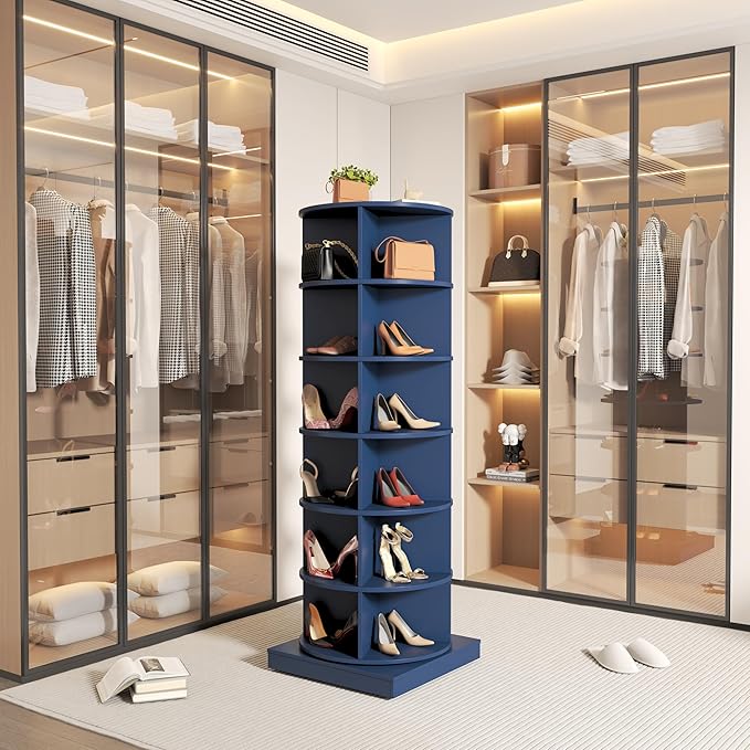 Rotating Shoe Rack Tower, 6-Tier Spinning Shoe Rack, Free Standing 360° Revolving Shoe Organizer Rotating Vertical Shoe Rack Can Hold 24 Pairs of Shoes for Entryway Living Room Hallway