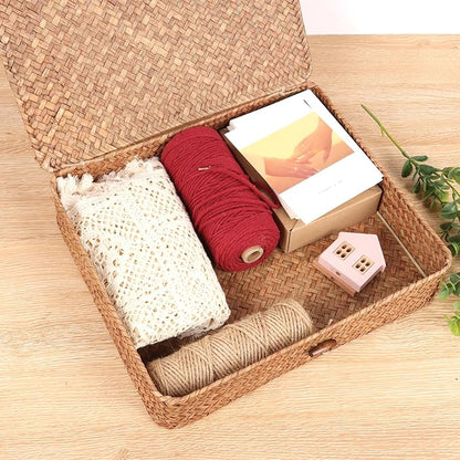 Moosky Flat Wicker Shelf Baskets with Lid, Handwoven Seagrass Basket Boxes for Storage Baskets Bins Home Decor Organizer (Coffee Set of 2)