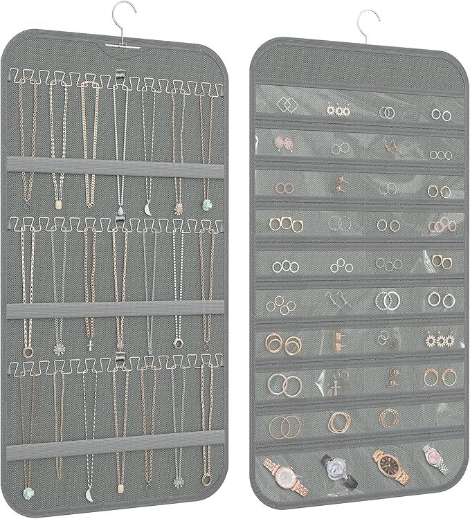 Hanging Jewelry Organizer Storage, 40 Pockets 36 Hooks Necklace Earring Necklace Bracelet Ring Organizer, Double - Sided Design, Grey